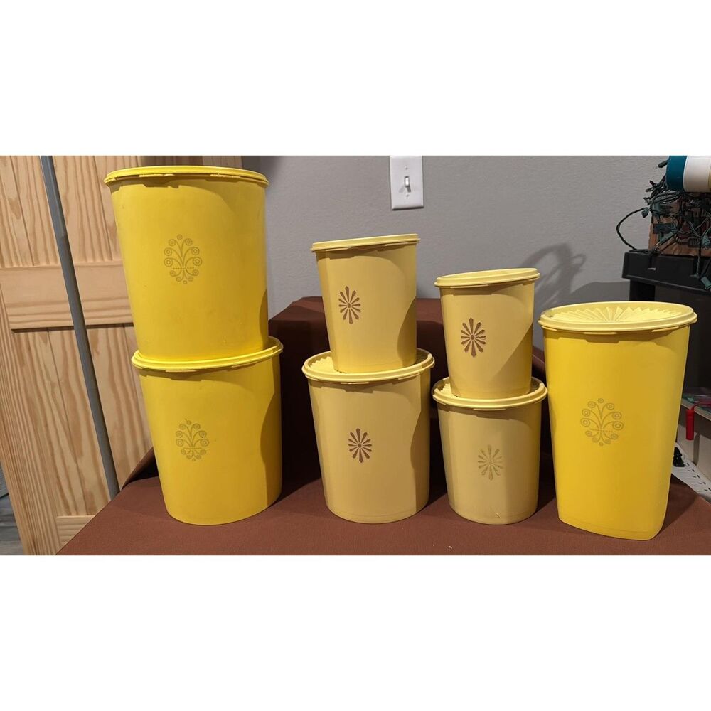 Lot of 7 Tupperware Yellow Stardust Canisters with lids